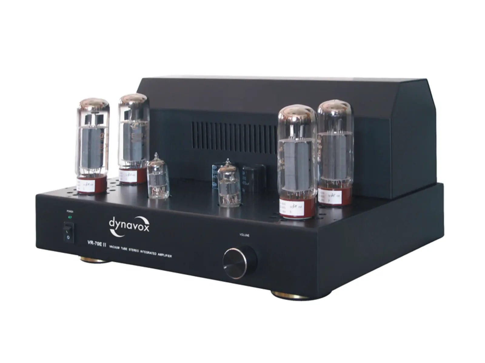 Dynavox VR-70E II integrated tube amplifier front view with vacuum tubes and black chassis