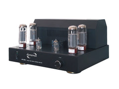 Dynavox VR-70E II integrated tube amplifier front view with vacuum tubes and black chassis