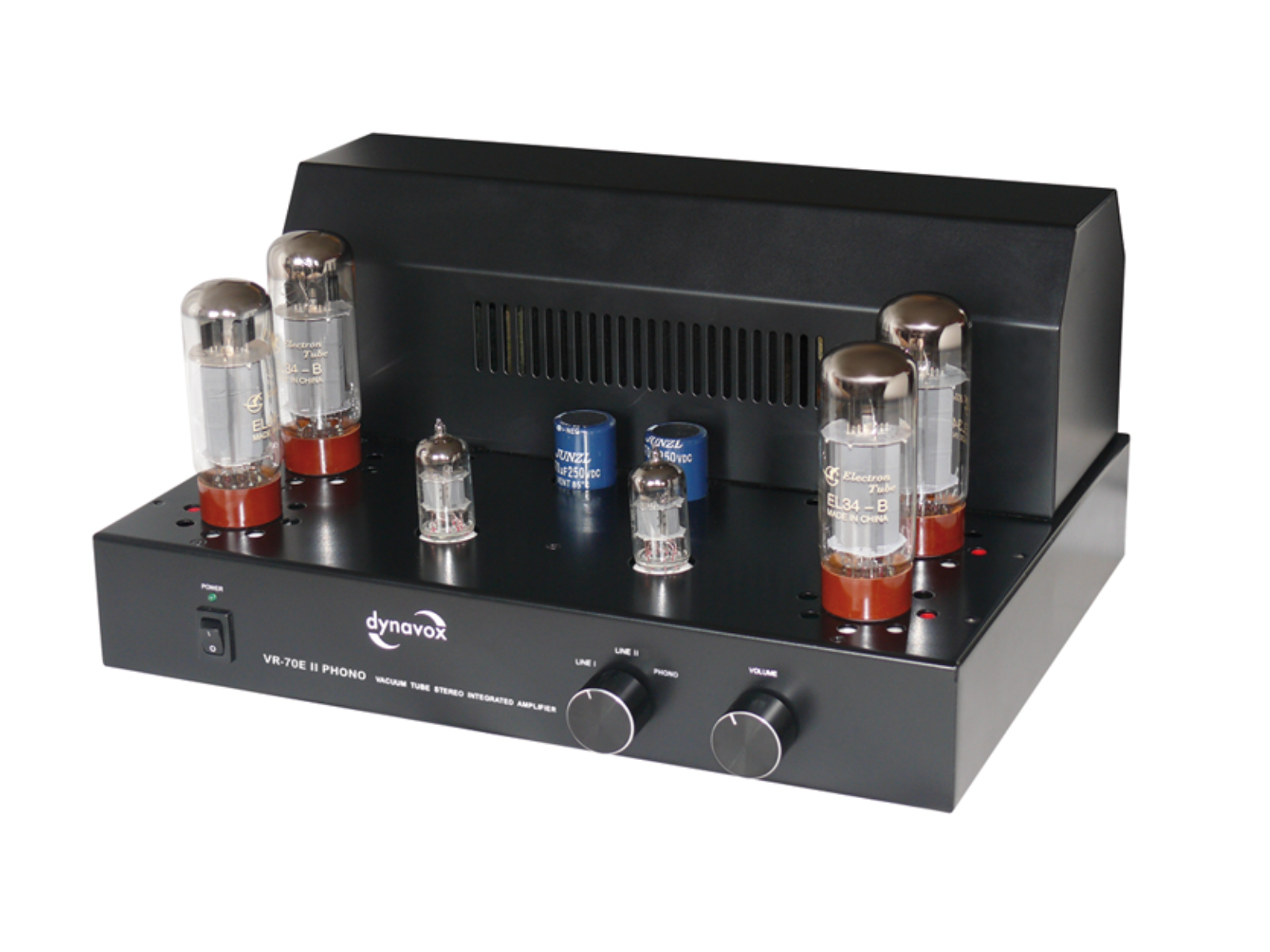 Dynavox VR-70E II Phono integrated tube amplifier with vacuum tubes and black chassis, front view