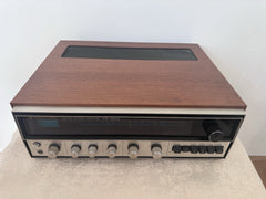 Kenwood KR-4200 receiver with wooden case and silver front panel, vintage stereo hi-fi amplifier – front angled view
