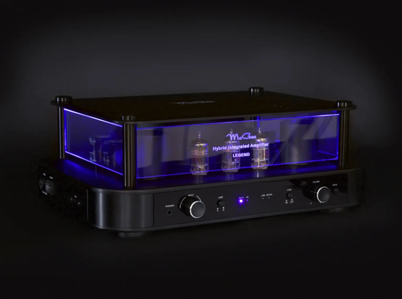 McGee Legend Hybrid-Verstärker mit blauer LED-Beleuchtung – Frontansicht mit Röhren