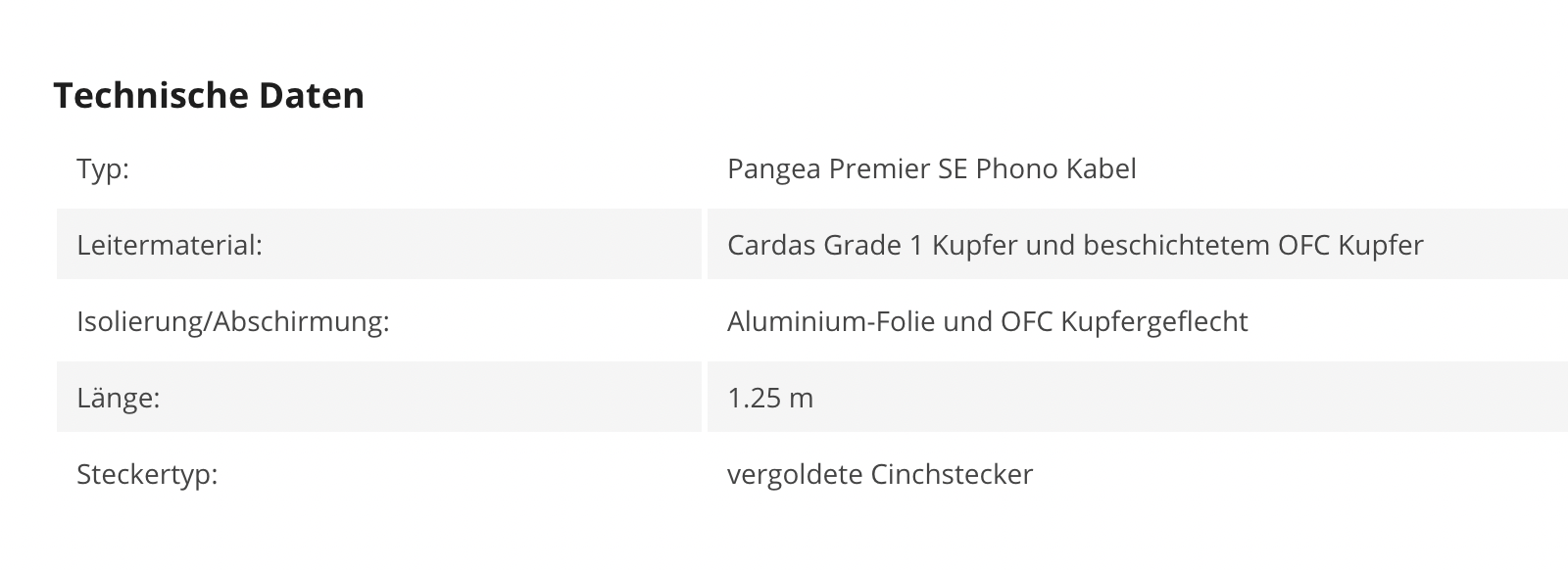 Pangea Premier SE Phono Kabel Länge 1.25m
