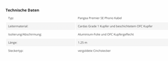 Pangea Premier SE Phono Kabel Länge 1.25m